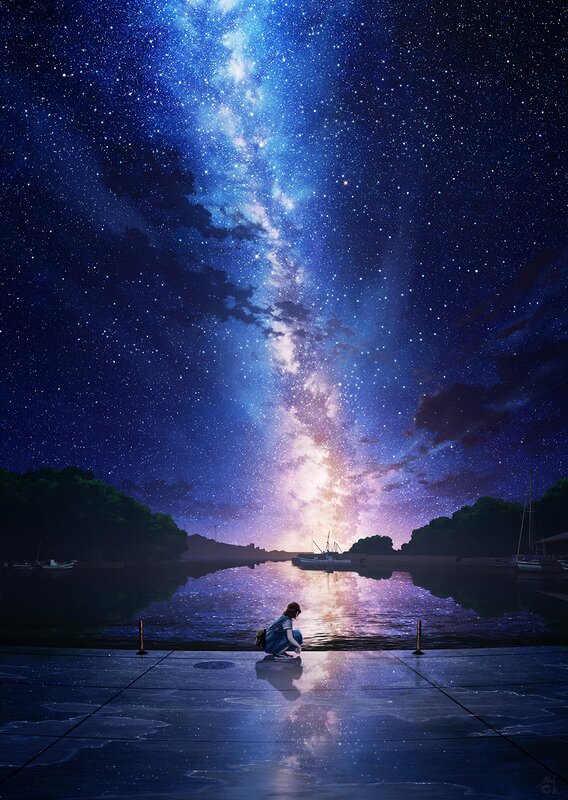 Person on Dock at Night — Blue