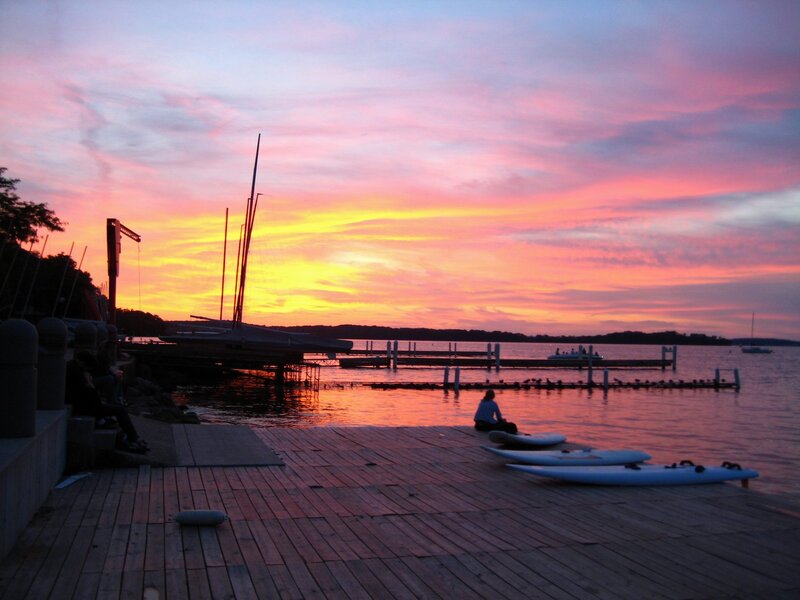 Person on Dock at Sunset — Pink