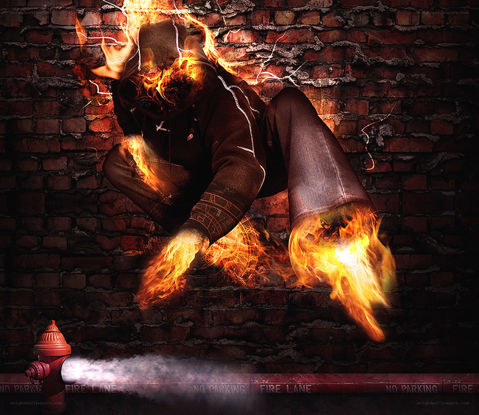 person on fire against brick wall