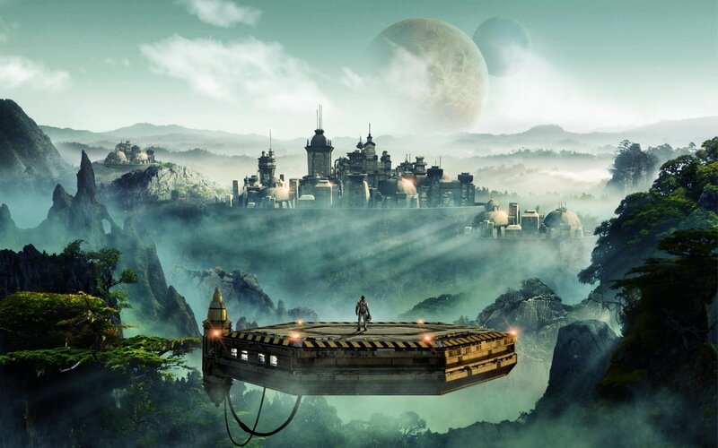 Person on Floating Platform — Green, Mysterious