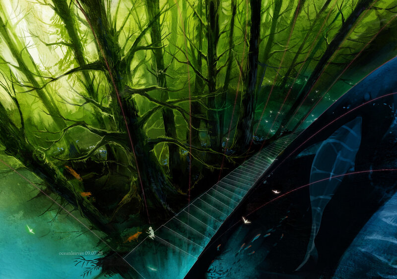 Person on Forest Bridge — Green, Mystical