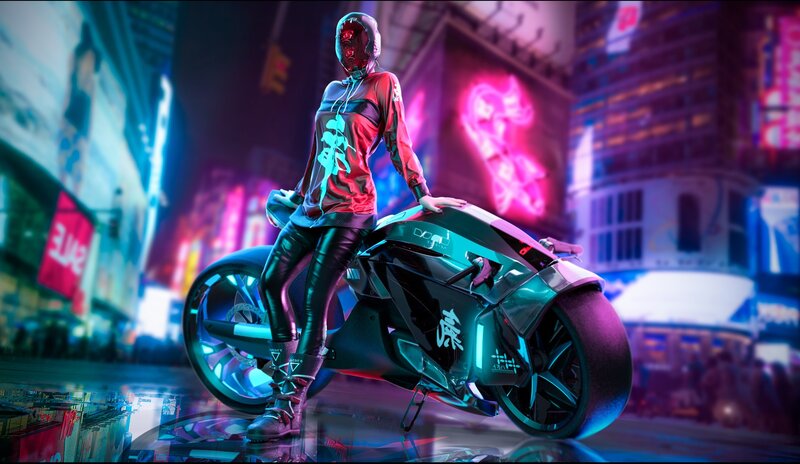 Person on Futuristic Motorcycle — Cyan