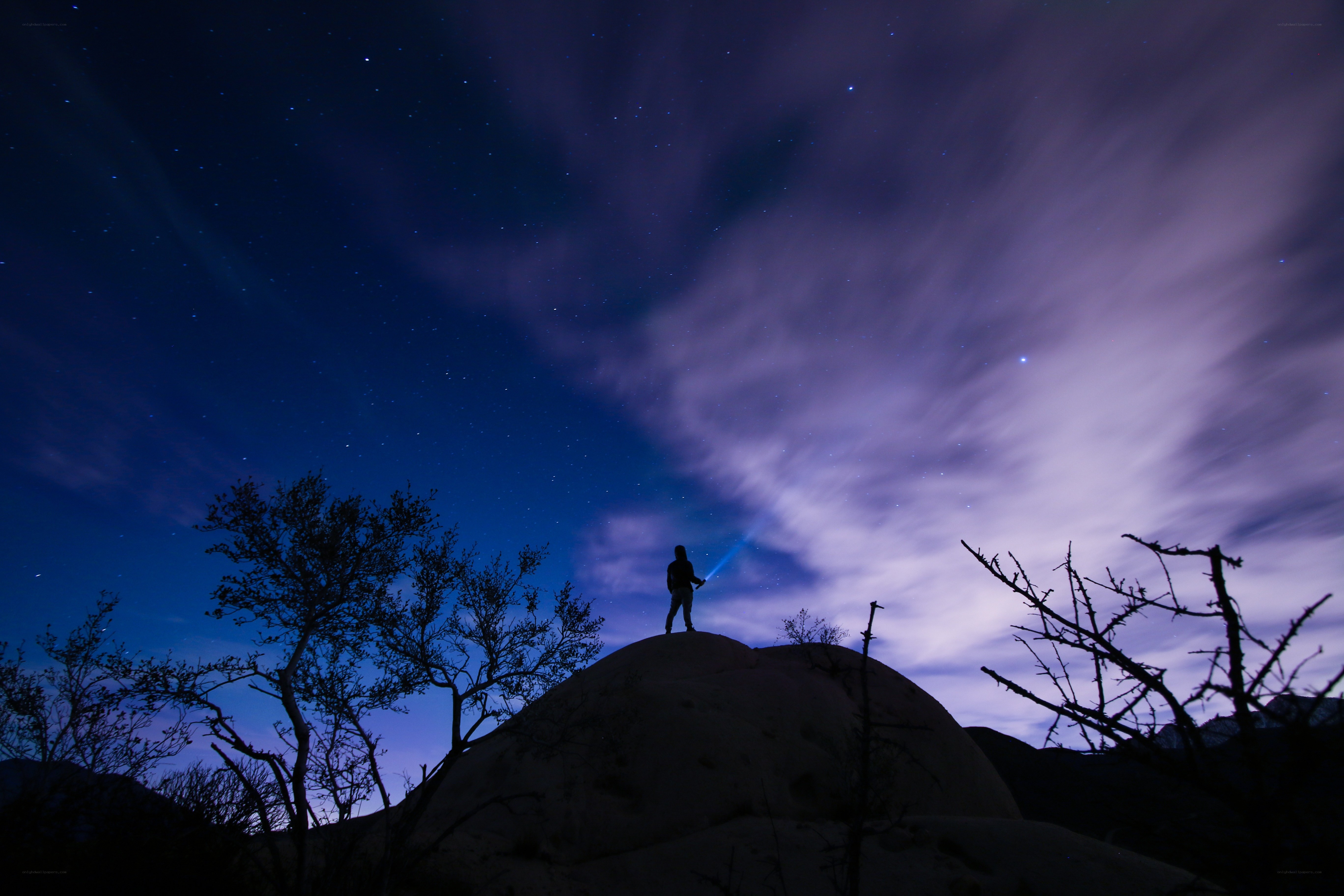 Person on hill under starry sky
