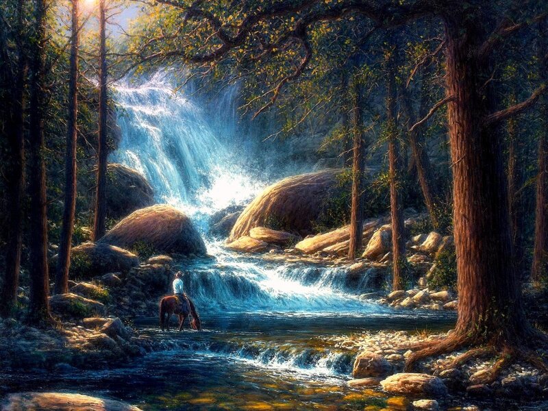 Person on Horse by Waterfall — Blue