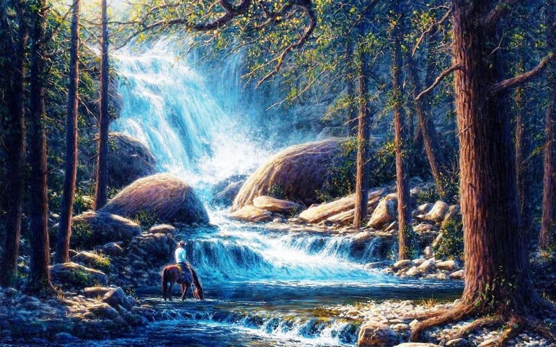 Person on Horse by Waterfall