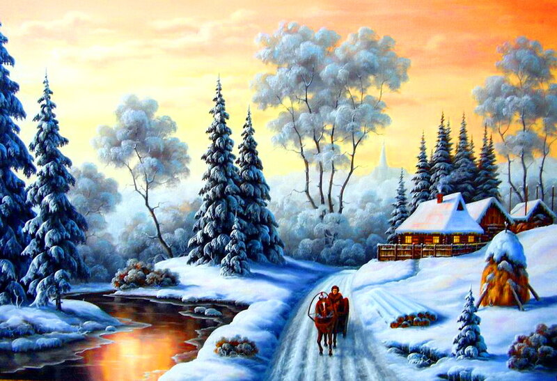 Person on Horse-drawn Sleigh — White