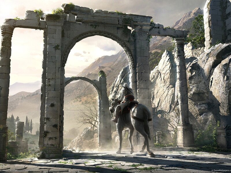 Person on Horse in Ruins — Gray, Dramatic
