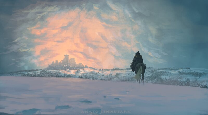 Person on Horse in Snow — White, Dramatic