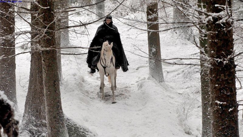 person on horse in snowy forest
