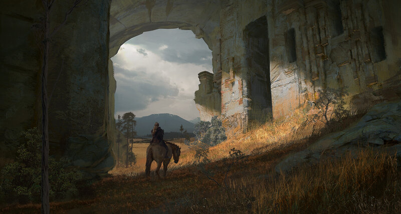 Person on Horseback — Brown, Dramatic, Afternoon, Digital Art, Horse, Ruins