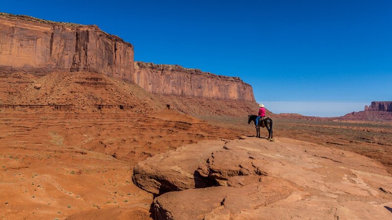 Person on Horseback — Red, Serene, Afternoon