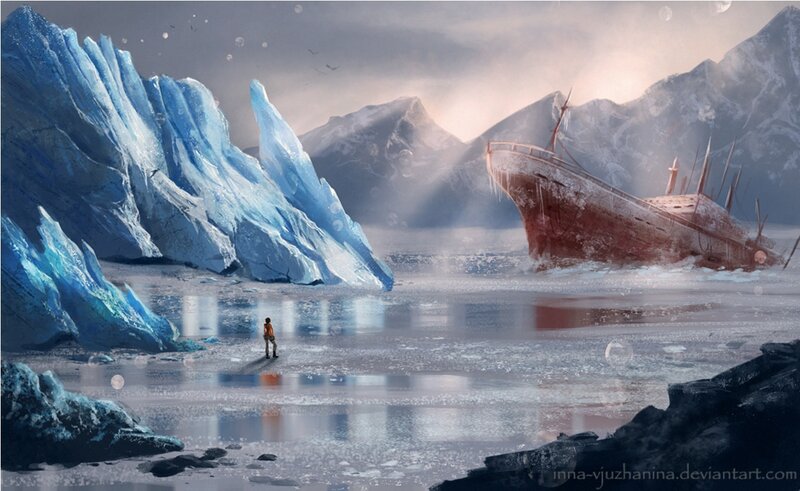 Person on Ice Near Shipwreck