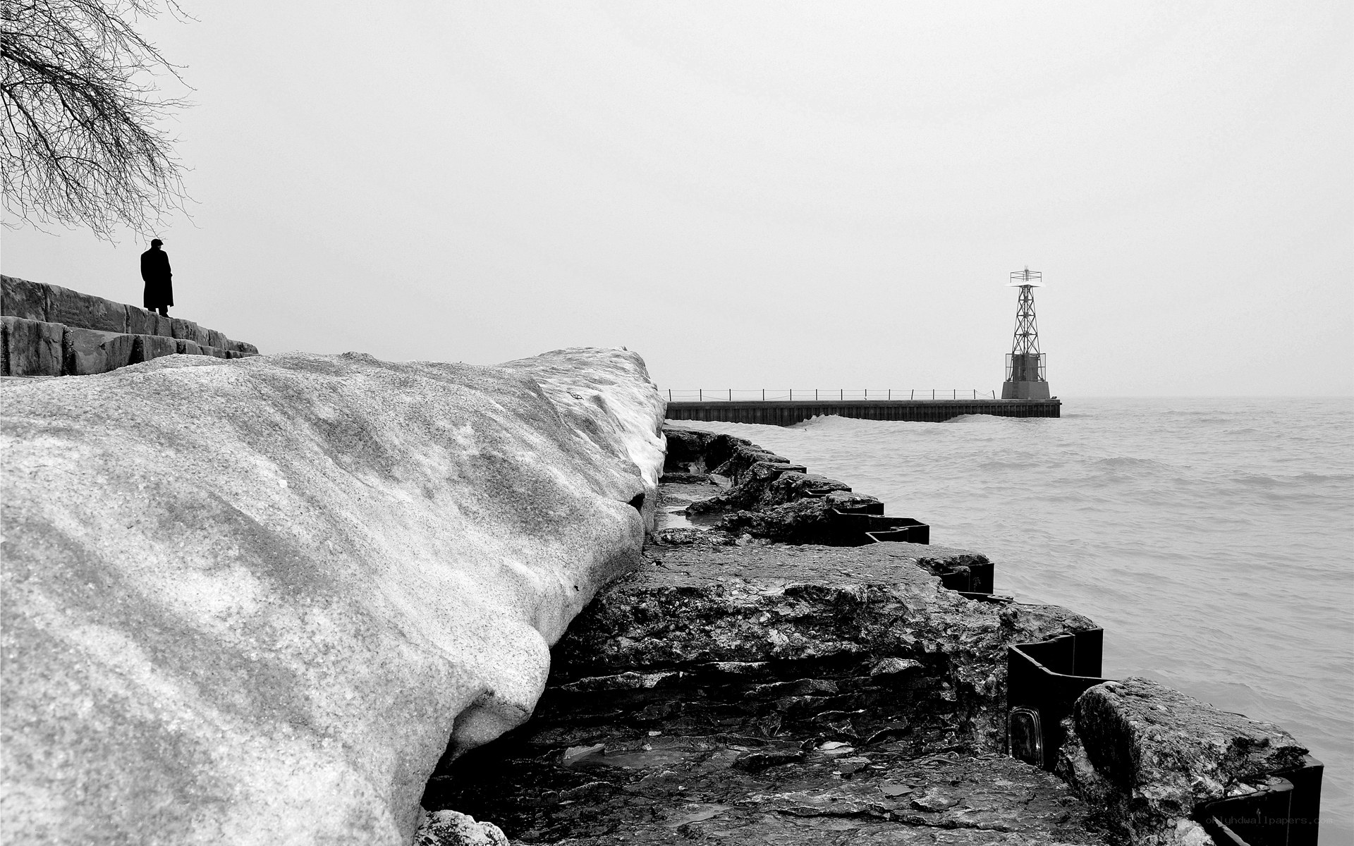 Person on icy pier