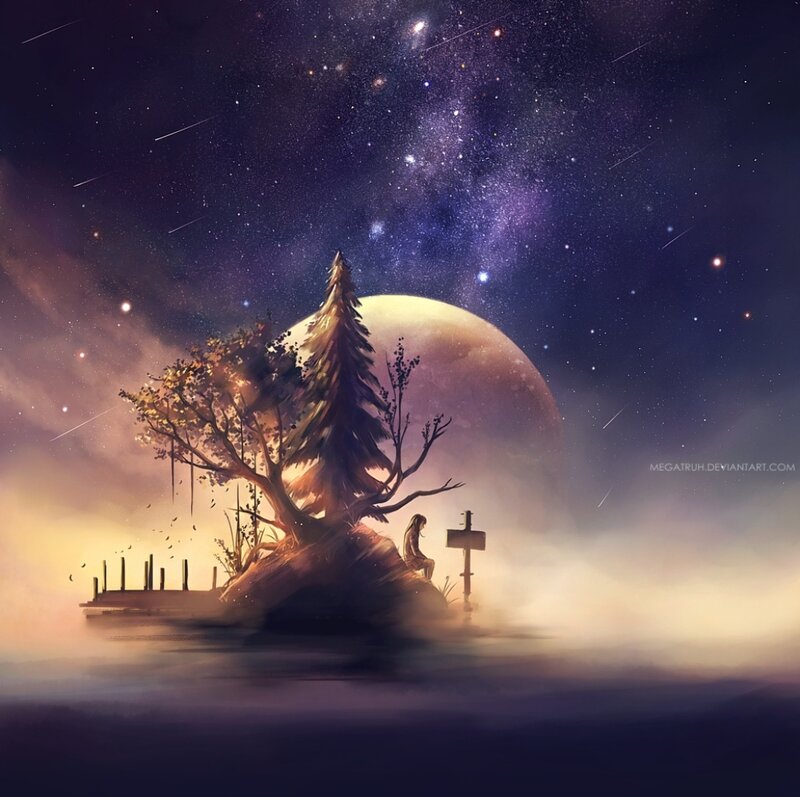Person on Island at Night
