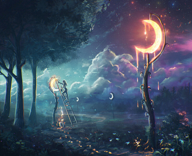 Person on Ladder Painting Moon