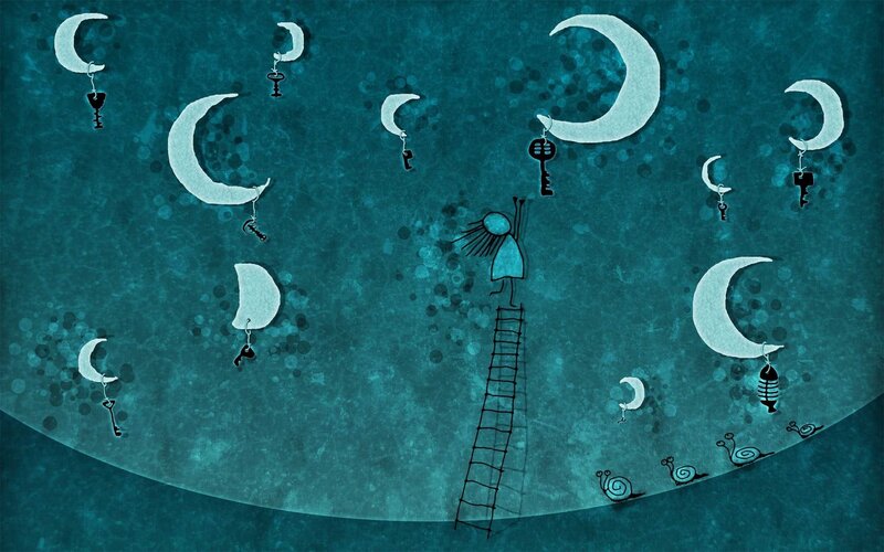Person on Ladder Reaching Moon — Blue