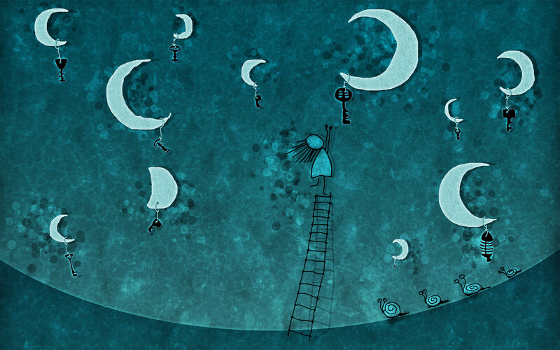 Person on Ladder Reaching Moon
