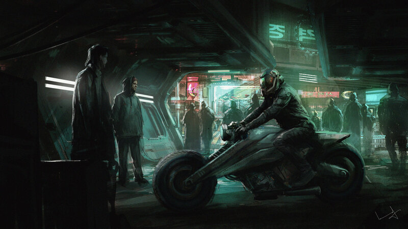 Person on Motorcycle — Green, Dramatic, Night