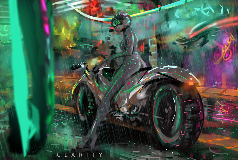 Person on Motorcycle — Green, Dramatic