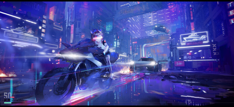 Person on Motorcycle — Purple, Dramatic, Night, Digital Art