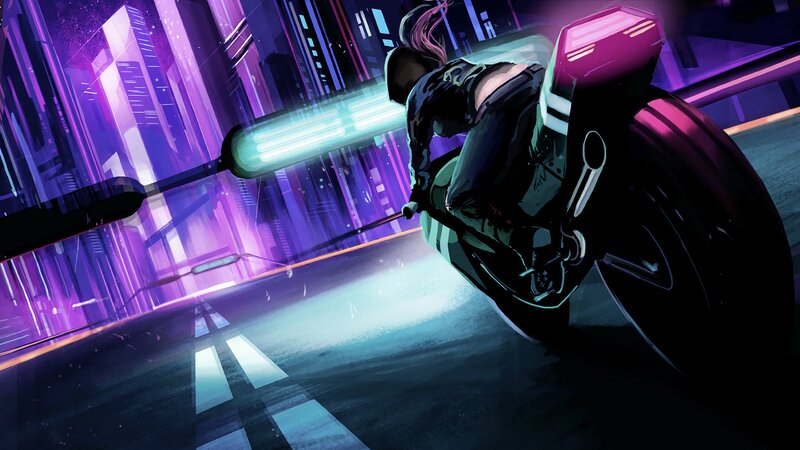 Person on Motorcycle — Purple, Dramatic, Night