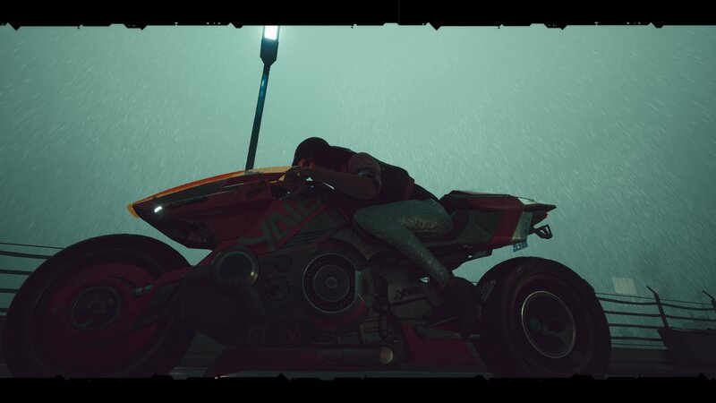 Person on Motorcycle — Red, Dark, Rainy