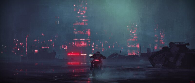 Person on Motorcycle — Red, Dramatic, Night