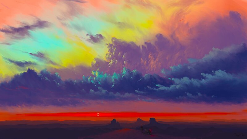 Person on Motorcycle — Red, Dramatic, Sunset, Digital Art
