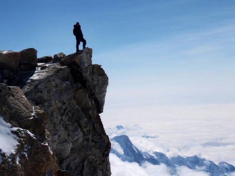Person on Mountain Peak — Blue, Dramatic, Afternoon