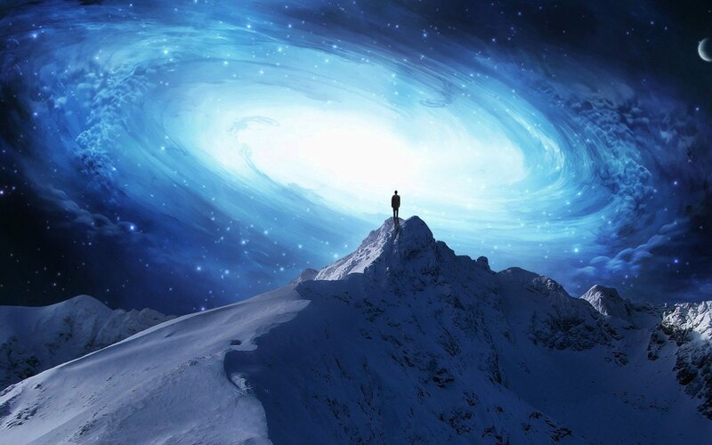 Person on Mountain Peak — Blue, Dramatic, Night, Digital Art, Sky