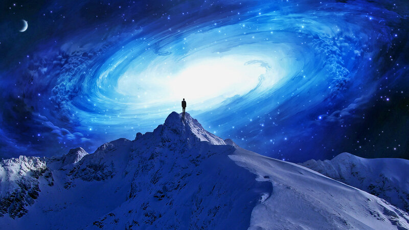 Person on Mountain Peak — Blue, Dramatic, Night, Digital Art