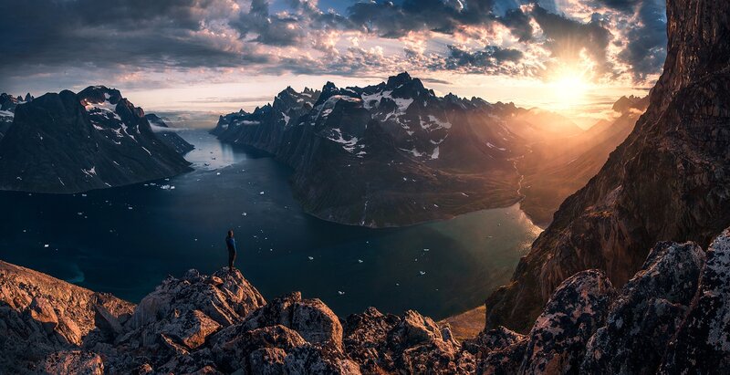 Person on Mountain Peak — Blue, Dramatic, Sunset