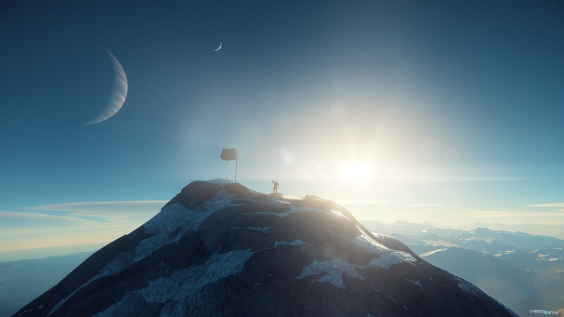 Person on Mountain Peak — Blue, Serene, Morning, Digital Art