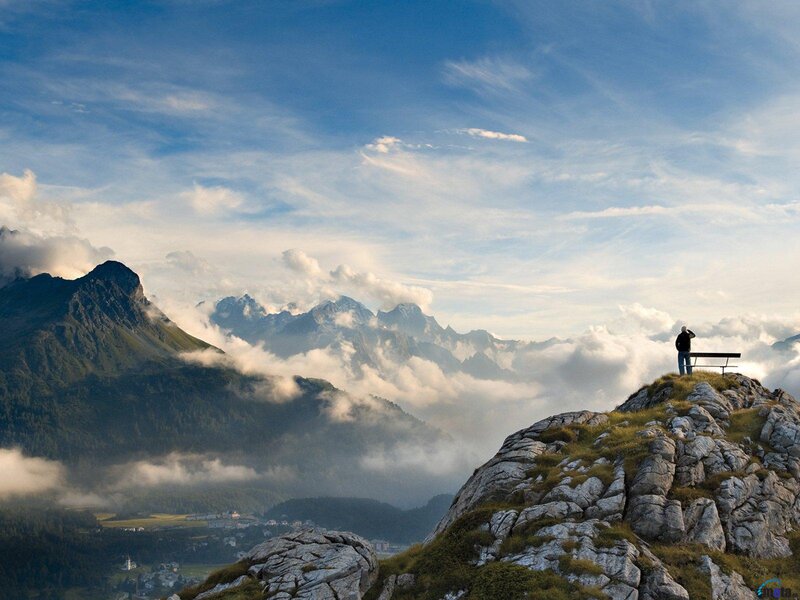 Person on Mountain Peak — Blue, Serene, Morning, Photograph, Mountains