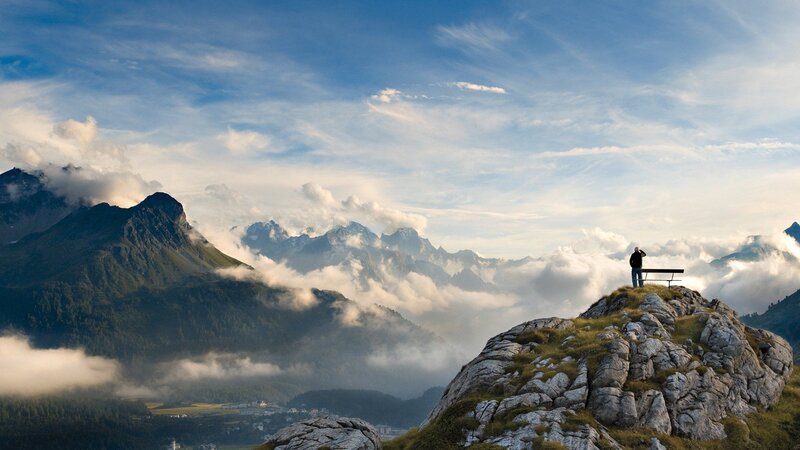 Person on Mountain Peak — Blue, Serene, Morning, Photograph
