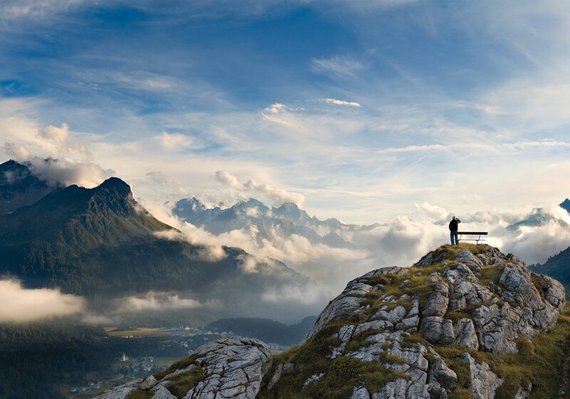 Person on Mountain Peak — Blue, Serene, Morning
