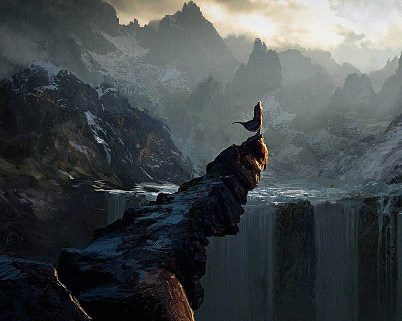 Person on Mountain Peak — Gray, Dramatic