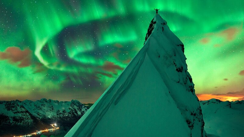 Person on Mountain Peak — Green, Dramatic, Night, Photograph