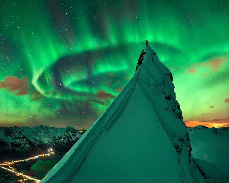 Person on Mountain Peak — Green, Dramatic, Night
