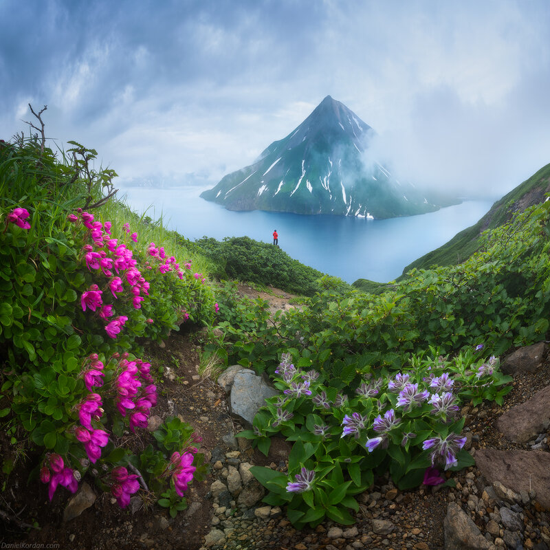 Person on Mountain Peak — Green, Dramatic, Spring