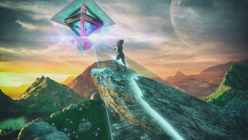 Person on Mountain Peak — Green, Dramatic, Sunset