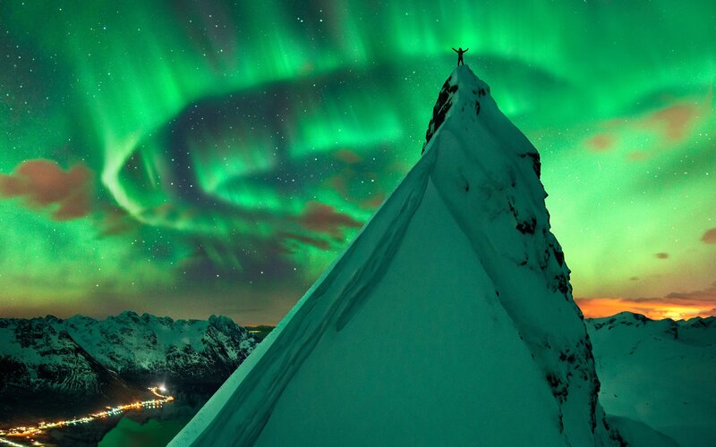 Person on Mountain Peak — Green, Dramatic
