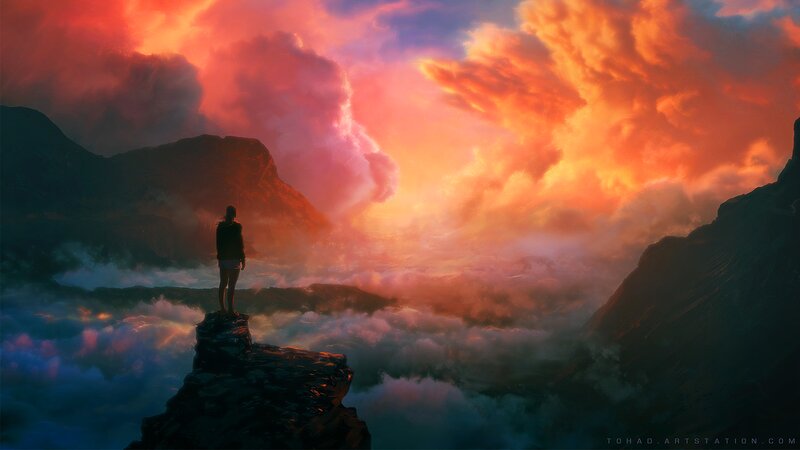 Person on Mountain Peak — Orange, Dramatic, Sunset, Digital Art