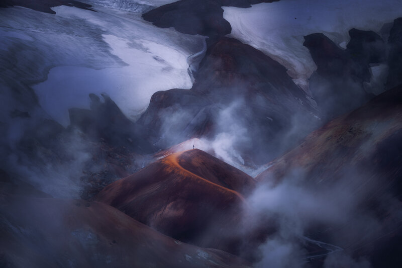 Person on Mountain Peak — Purple, Dramatic, Night, Photograph