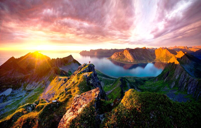 Person on Mountain Peak — Purple, Dramatic, Sunrise