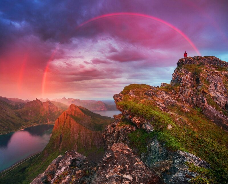 Person on Mountain Peak — Purple, Dramatic