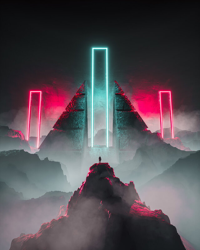 Person on Mountain Peak — Red, Dramatic, Night