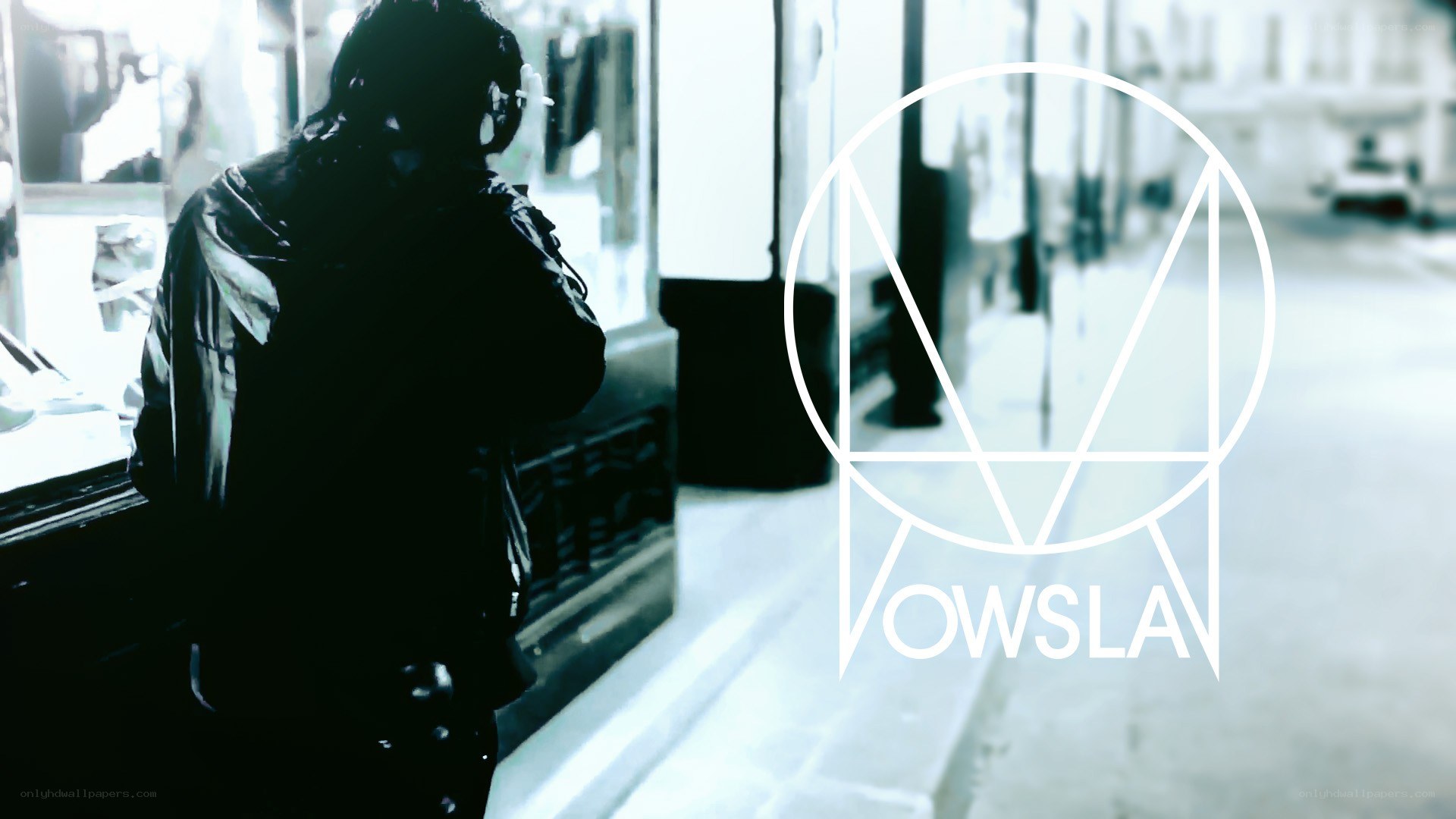 person on phone with logo