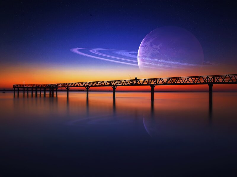 Person on Pier at Night — Blue