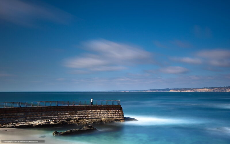 Person on Pier at Ocean — Blue, Serene